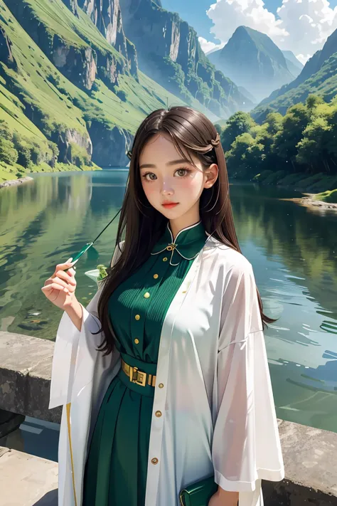 costume, long hair, girl, big eyes, green mountains and green water,1girl,