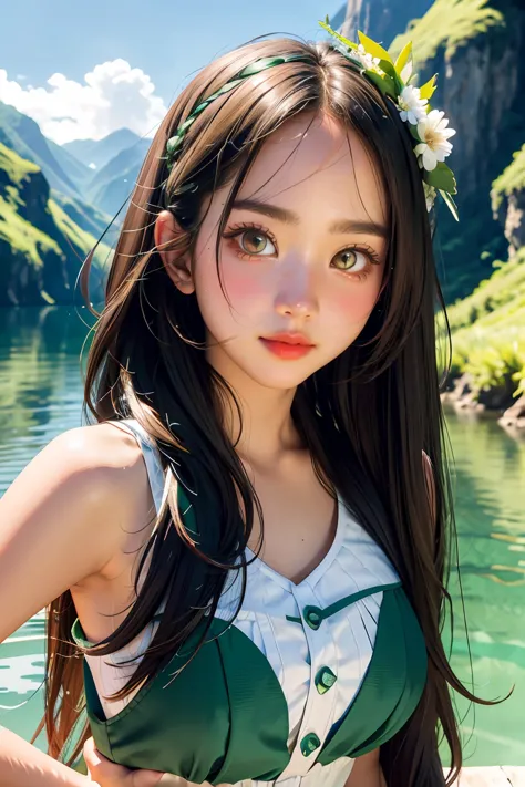 costume, long hair, girl, big eyes, green mountains and green water,1girl,