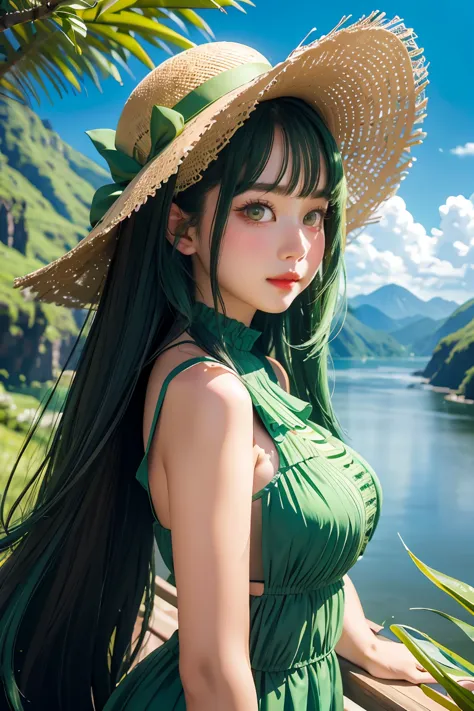 costume, long hair, girl, big eyes, green mountains and green water,1girl,