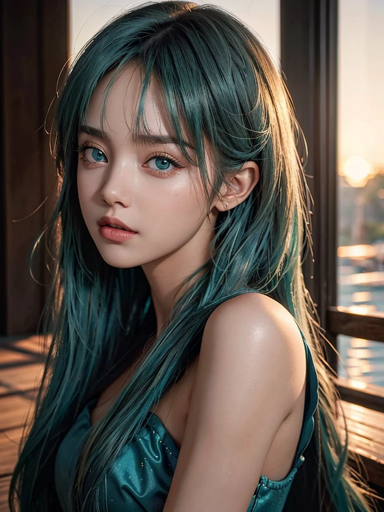 Best Quality, Masterpiece, Ultra High Resolution, (Realism: 1.4), Original Photo, 1Girl, Green Eyes, Off-the-Shoulders, Cinematic Lighting, Blue Hair, At Sunset