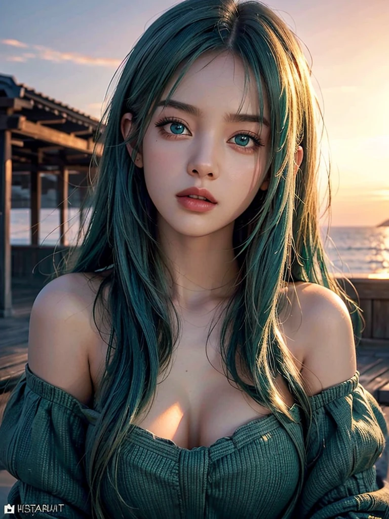 Best Quality, Masterpiece, Ultra High Resolution, (Realism: 1.4), Original Photo, 1Girl, Green Eyes, Off-the-Shoulders, Cinematic Lighting, Blue Hair, At Sunset