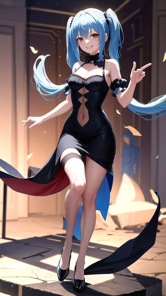 masterpiece, best quality, highres, rimuru tempest, blue hair, RED EYES, long hair, medium breasts, an adult girl, She has two pigtails falling over her shoulders, decorated with a very elegant and very long black dress for a gala dinner with a cut that allows her to show her leg, wears beautiful evening makeup, smiling, full body image,