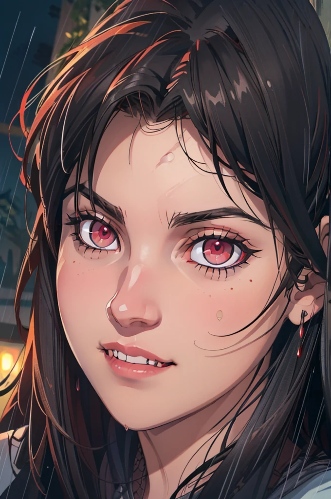 (outside, scary castle, raining, evening, soft light, dim lit, moody vibe, horror \(theme\), ), (insanely detailed, beautiful detailed face, masterpiece, best quality), 1girl, succubus, vampire girl, mature female, black hair, pink eyes, grin, smirk, red eyes, fangs, vampier, sexy 