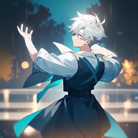 1 young, focus man , dancing in the rain, look elsewhere, stationary face, student, short hair, silver white hair, gray eyes,rai...