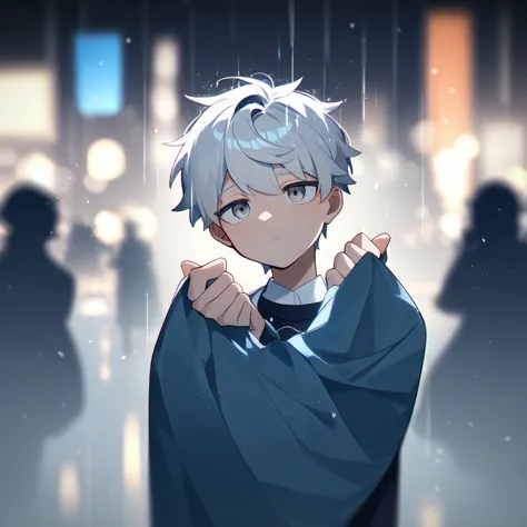 1 Young, focus man , dancing in the rain, look elsewhere, Stationary face, student, short hair, Silver white hair, gray eyes,rai...