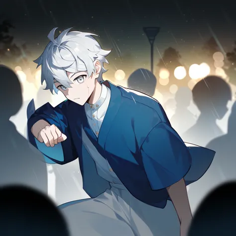 1 Young, focus man , dancing in the rain, look elsewhere, Stationary face, student, short hair, Silver white hair, gray eyes,rai...
