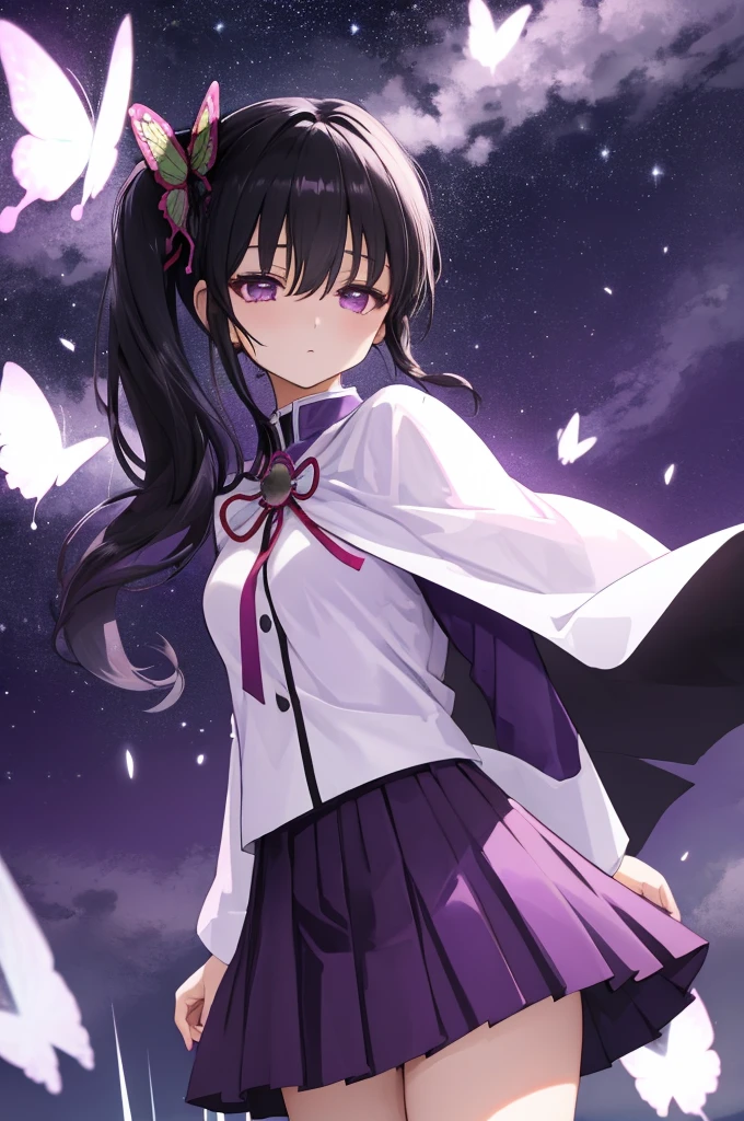 (masterpiece:1.3), (best quality:1.1), (8k, ultra detailed, ultra high res:1.2), ((anime style)), perfect 5 fingers, (perfect anatomy), (arms behind back:1.2),  
1girl,
Kanao Tsuyuri, 
BREAK long hair, side ponytail, 
black hair, 
purple eyes, (empty eyes:1.4), 
butterfly hair ornament, 
(medium breasts:0.9),  
BREAK (purple shirt, pleated purple skirt, long sleeve, white cape with ribbon:1.2), looking at viewer, 
cowboy shot, 
perfect light, 
waving, outdoors, sea, field, night, night sky, starry sky,