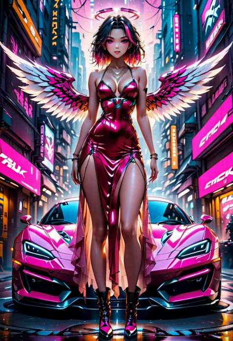 arafed a picture of a mech cyberpunk female angel standing in at the street at night near her sports car, night, an  exquisite b...