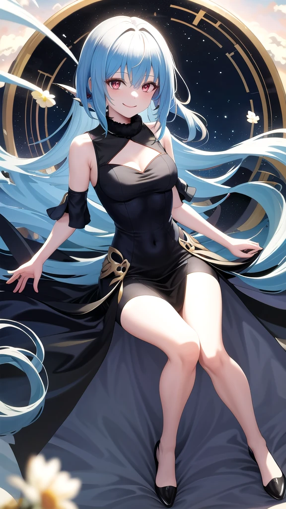 masterpiece, best quality, highres, rimuru tempest, blue hair, RED EYES, long hair, medium breasts, an adult girl, long hairs falling over her shoulders, decorated with a very elegant and very long black dress for a gala dinner with a cut that allows her to show her leg, wears beautiful evening makeup, smiling, full body image, kind and generous nature, happy,