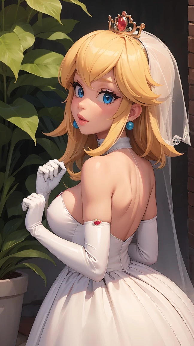 ((Masterpiece)), ((Best Quality)), (detailed), perfect, Alone, peach, beautiful woman in wedding dress, wedding veil on the head, delicious lips, wide, huge chest, deep neckline, huge chests, sexy, take from behind