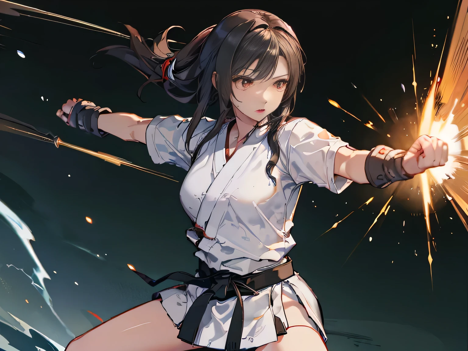 ((best quality)), ((masterpiece)), (detailed face and eyes), detailed hands and fingers, perfect face, accurate, textured skin, high details, Sharp focus A beautiful woman, Slim abdomen, Karateka, karate uniform, karate girl, high school student, black hair, ponytail, (Straight punch:1.3), (Clenched fist), thrust her fist forward, loud voice, muscular, Shining sweat, (at karate dojo), Shockwave, explosion, sonic wave