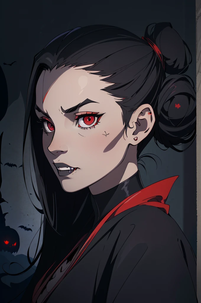 (1:1 girl solo portrait high quality) ((hot vampire girl) ((long balck hair styled half up in two side buns)) ((red eyes)) (((fangs)) ((sexy perfect body))) ((nadja from what we do in the shadows)) ((spooky, horor, bats))