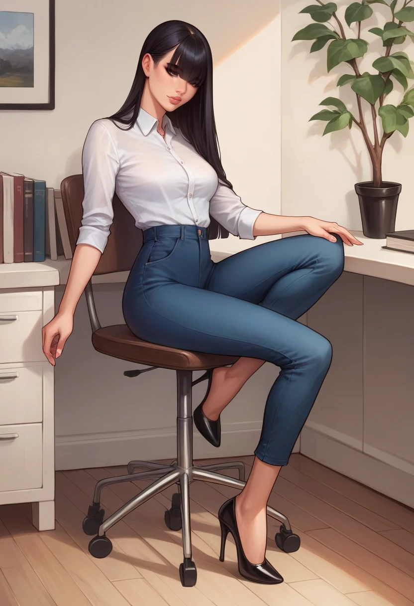 score_9, score_8_up, score_7_up, score_6_up, detailed art of a woman, pale, smooth skin, hair over both eyes, long straight black hair, blunt bangs, full lips, slender physique, white office shirt, blue pants, black heels,
