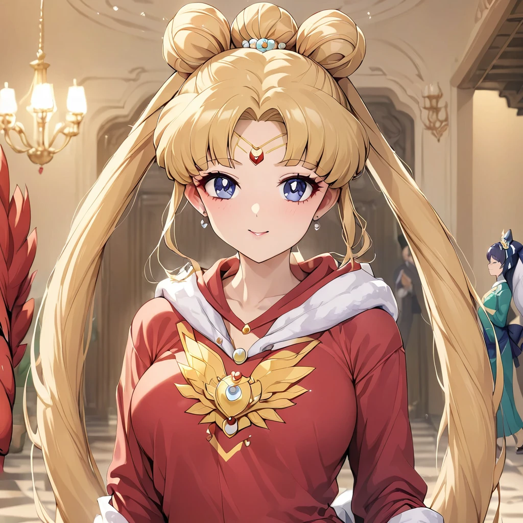 ((la plus haute qualité)), ((chef-d&#39;œuvre)), (détaillé), （visage parfait）、La femme est Tsukino Usagi, avec de longs cheveux blonds dans un chignon double queue.、La femme porte un magnifique costume de dragon et de phénix rouge et scintillant, une capuche et de magnifiques accessoires en pierres précieuses, et se marie à un homme digne nommé Empereur Shi Huang dans un palais luxueux.