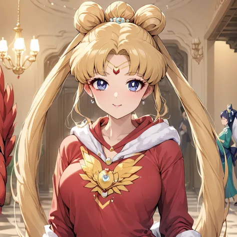 ((Highest quality)), ((masterpiece)), (detailed), （Perfect Face）、The woman is Tsukino Usagi, with long blonde hair in a chignon ...