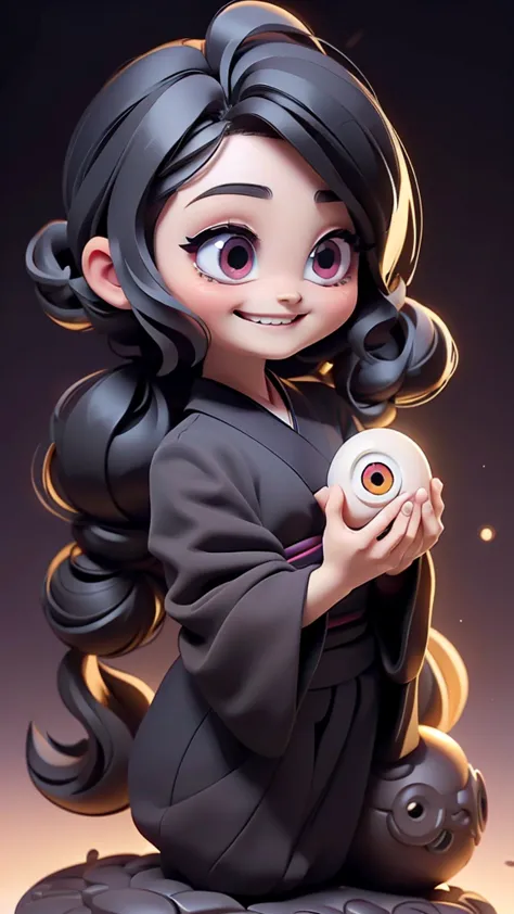 cute、mini character、fantasy、smiling、rainbow eyes、flying happily、long hair、ponytail、 black kimono、１tsume、one eye、一tsumeお化け、long b...