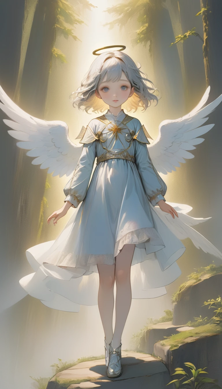 (masterpiece), (High resolution), (Very delicate), (masterpiece: 1.2, Highest quality),Perfect Anatomy、silver, Angel descending to earth、Paradise、The Girl Who Leads to Heaven、Cute face、Expressionless、 scribble, Doll-like face, Manga Style, rough sketch, Manga Styleイラスト, Japanese painting, whole body,(snap shot), Flat Illustration, Creepy Appearance, Unique atmosphere、