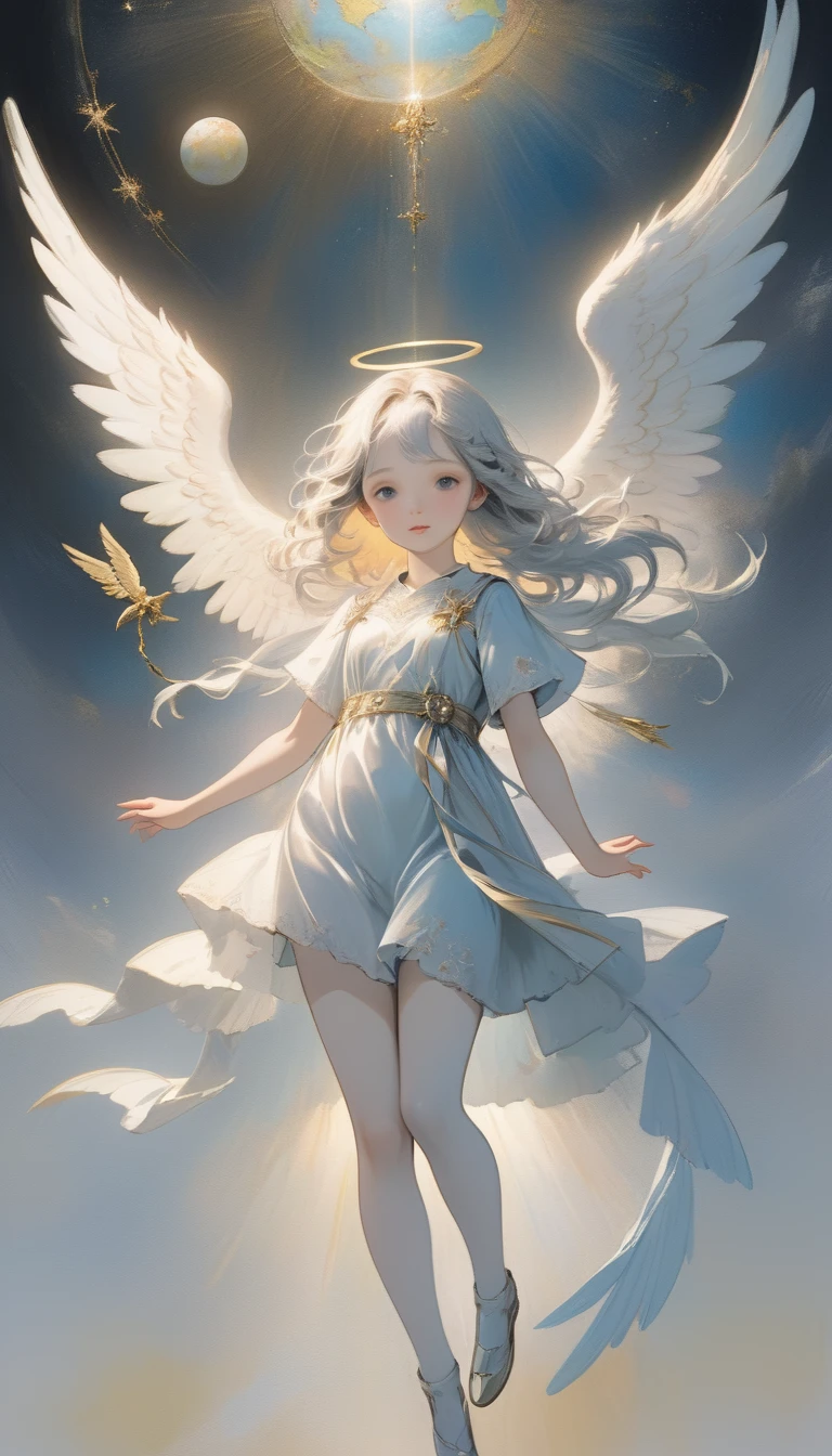 (masterpiece), (High resolution), (Very delicate), (masterpiece: 1.2, Highest quality),Perfect Anatomy、silver, Angel descending to earth、Paradise、The Girl Who Leads to Heaven、Cute face、Expressionless、 scribble, Doll-like face, Manga Style, rough sketch, Manga Styleイラスト, Japanese painting, whole body,(snap shot), Flat Illustration, Creepy Appearance, Unique atmosphere、