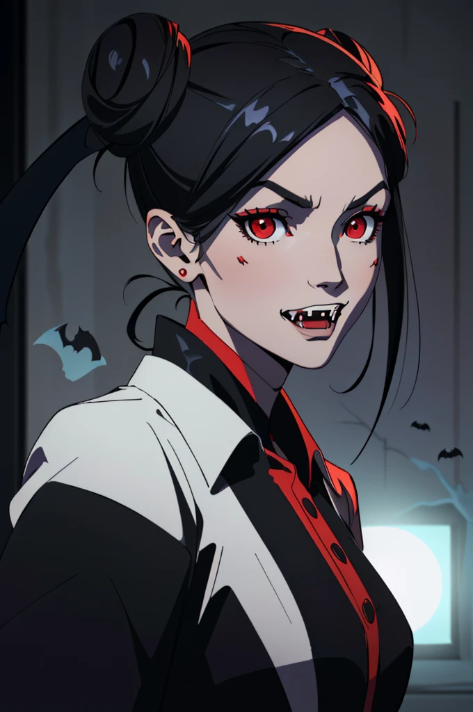 (1:1 girl solo portrait high quality) ((hot vampire girl) ((long balck hair styled half up in two side buns)) ((red eyes)) (((fangs)) ((sexy perfect body))) ((nadja from what we do in the shadows)) ((spooky, horor, bats))