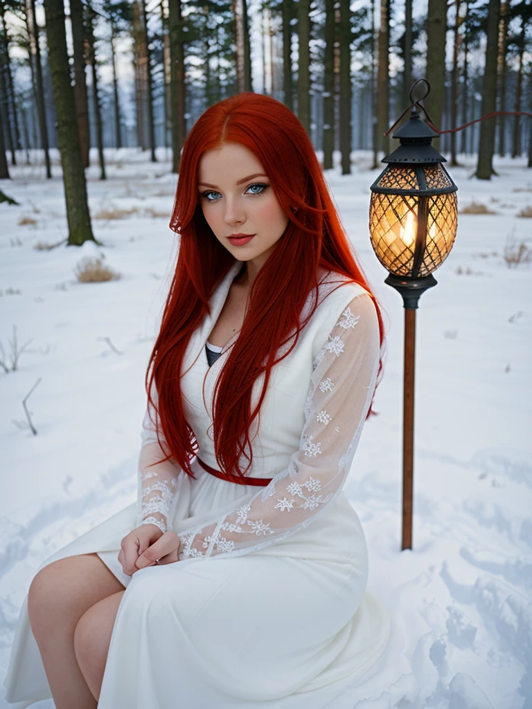 here is a woman com cabelo ruivo and a white dress sitting na neve, cabelo muito comprido cor de neve, uma feiticeira lançando uma bola de gelo, na neve, garota sob lanterna, na neve, só neve no fundo, deusa ruiva, com cabelo ruivo, inspirado em Anne Stokes, pele pálida e branca como a neve, fotografia editorial, iluminação perfeita em uma tempestade de neve