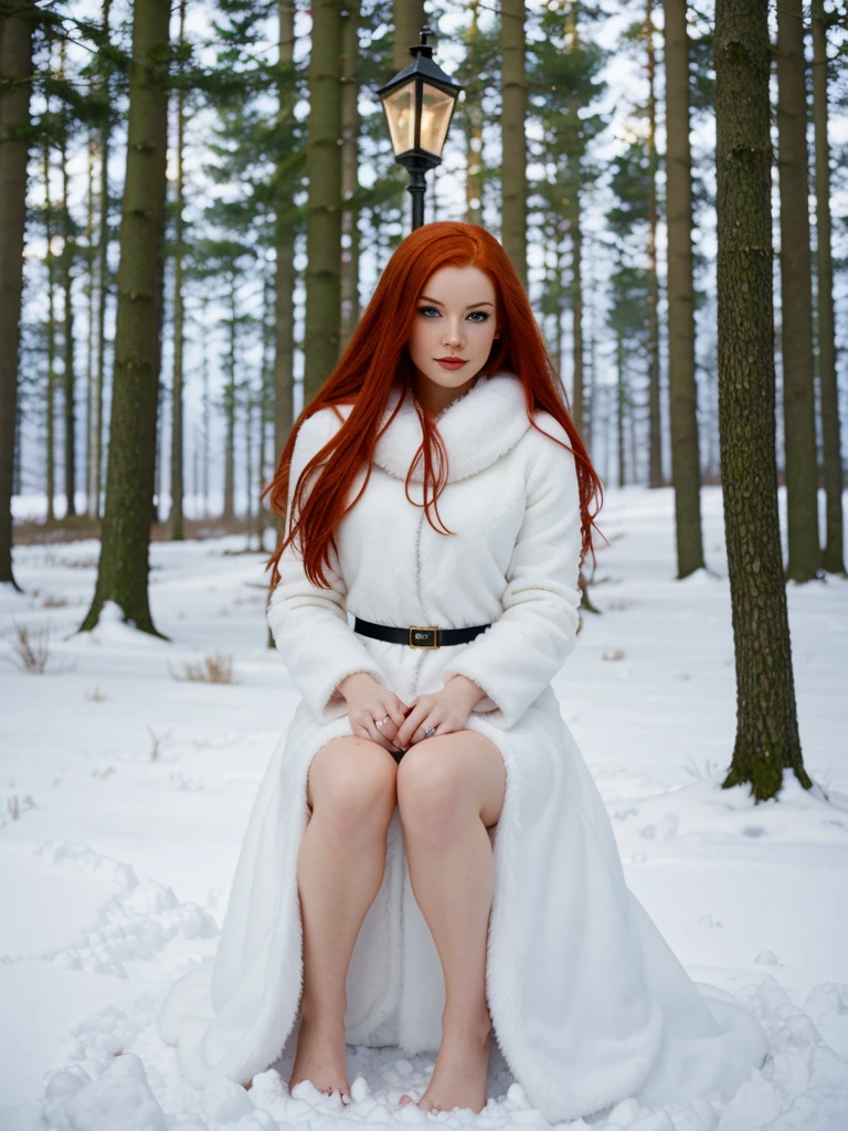 here is a woman 红头发 and a white dress sitting 在雪里, 非常长的雪色头发, 女巫施放冰球, 在雪中, 灯笼下的女孩, 在雪里, 背景中只有雪, 红发女神, 红头发, 灵感来自 Anne Stokes, 苍白雪白的肌肤, 编辑照片, 暴风雪中的完美照明