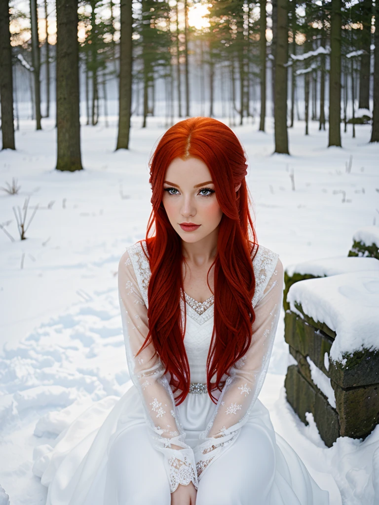 here is a woman Con cabello rojo and a white dress sitting En la nieve, pelo muy largo color nieve, una hechicera lanzando una bola de hielo, en la nieve, niña bajo la linterna, En la nieve, solo nieve en el fondo, diosa pelirroja, Con cabello rojo, inspirado en Anne Stokes, piel pálida y blanca como la nieve, fotografía editorial, Iluminación perfecta en una tormenta de nieve