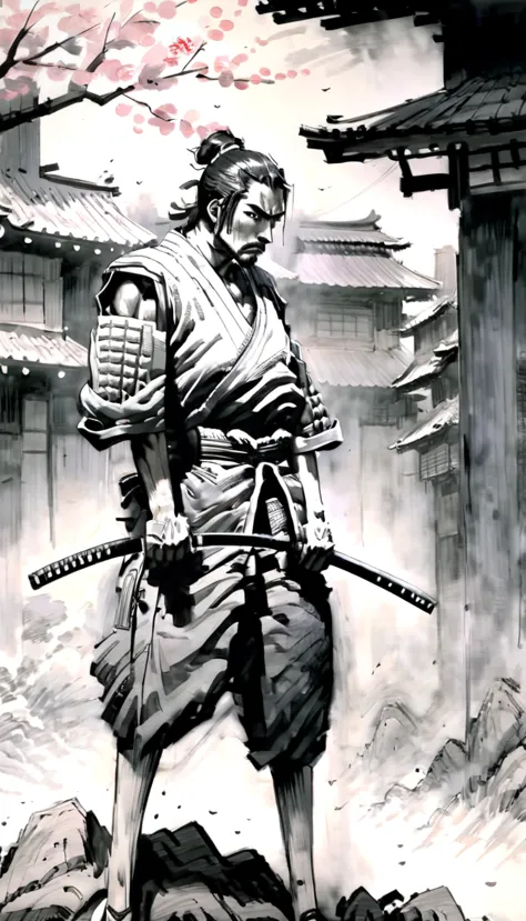 draw mix 6, dwx6,a pencil drawing of a tense moment as a lone japanese samurai, calm and determined, 影から現れる多数のninjaと対決する. a samu...