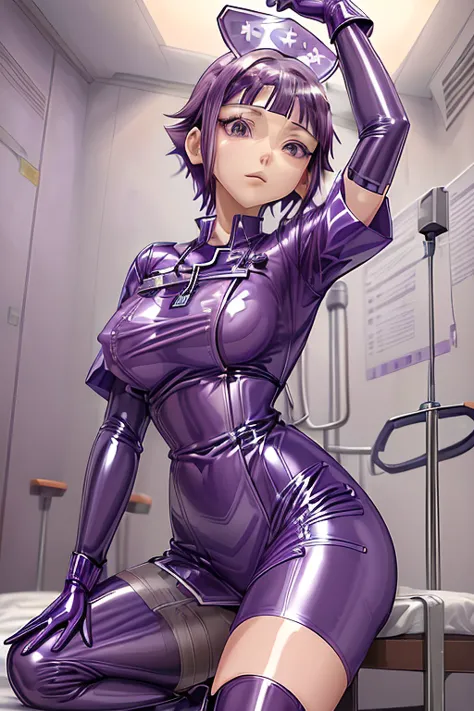 ((Hinata Hyuuga)), ((Purple latex nurse uniform)), (Purple elbow latex gloves))