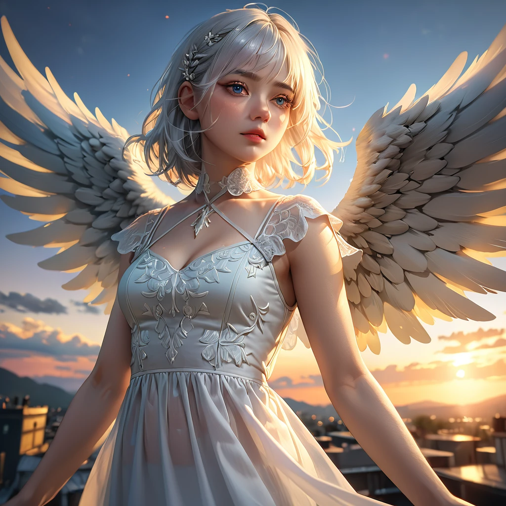 (half body image: 2.0), a young and beautiful angel, clad in white sheer clothing with ideal proportions, short white hair, and translucent skin, descending from a very beautiful sunset sky, (large angel wings spread:1.5), (best quality,4k,8k,highres,masterpiece:1.2),ultra-detailed,(realistic,photorealistic,photo-realistic:1.37),HDR,UHD,studio lighting,ultra-fine painting,sharp focus,physically-based rendering,extreme detail description,professional,vivid colors,bokeh,digital art,fantasy,highly detailed,cinematic lighting,dramatic lighting,dramatic composition