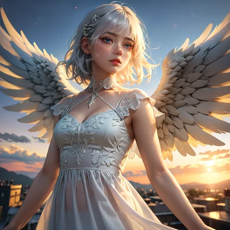 (half body image: 2.0), a young and beautiful angel, clad in white sheer clothing with ideal proportions, short white hair, and ...