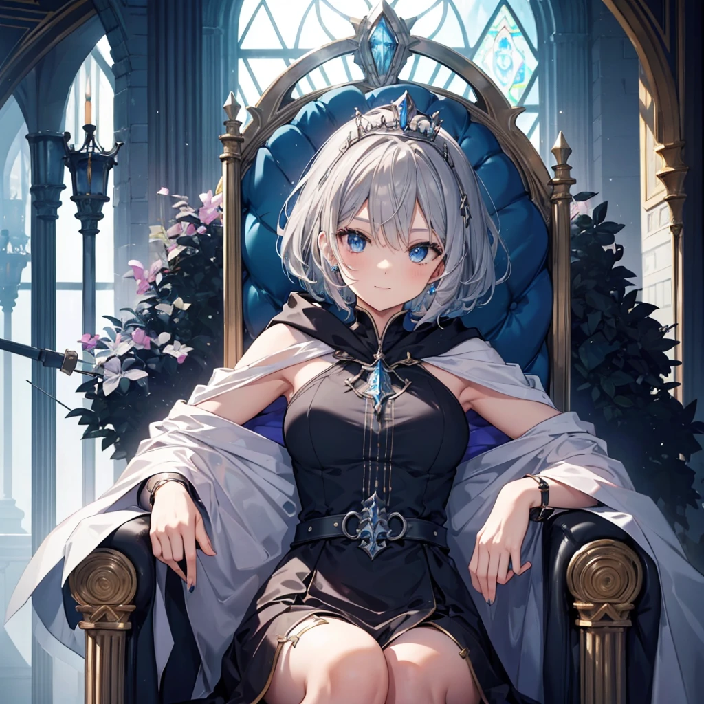 ((((Queen　Sitting on the throne))))　(((Gray Hair　short hair　blue eyes　woman　Center close-up)))，((Stained glass　tiara　Excalibur))，(Black Dress　Wearing a cloak)，smile　Showing teeth　Shining Background　Shining Edges