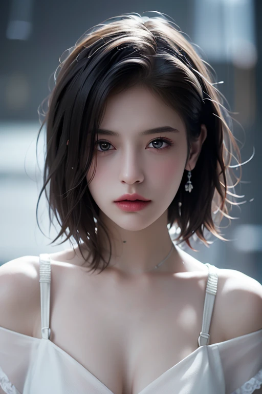 Best quality, masterpiece, ultra high res, (photorealistic:1.5), raw photo, 1girl, offshoulder, in the dark, deep shadow, low key, cold light, sexy look, short hair