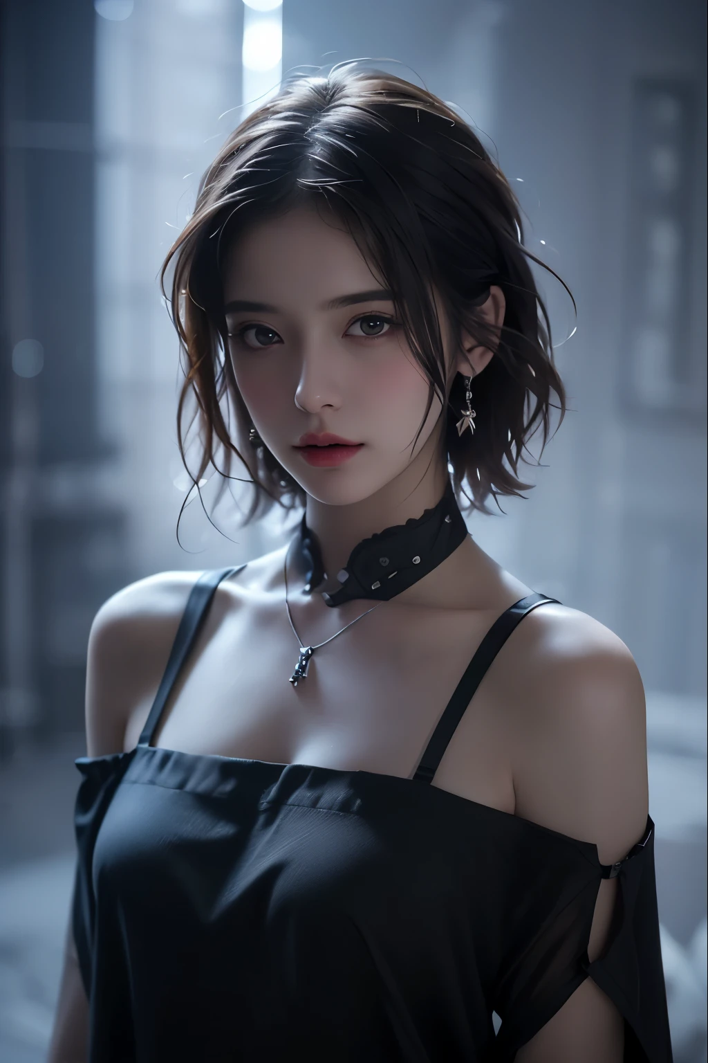 Best quality, masterpiece, ultra high res, (photorealistic:1.5), raw photo, 1girl, offshoulder, in the dark, deep shadow, low key, cold light, sexy look, short hair