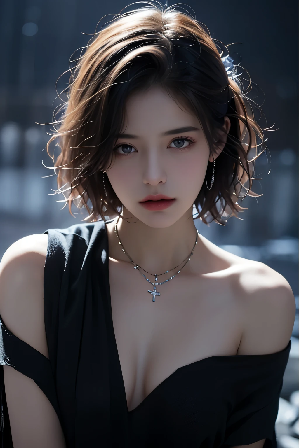 Best quality, masterpiece, ultra high res, (photorealistic:1.5), raw photo, 1girl, offshoulder, in the dark, deep shadow, low key, cold light, sexy look, short hair