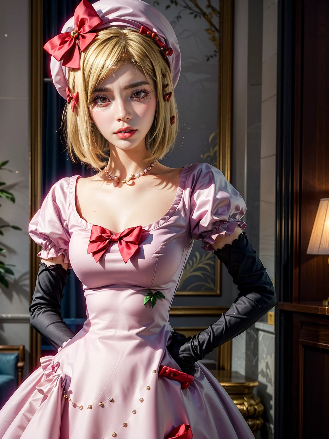 (1 lady), The beautiful, (Best quality at best:1.4), (ultra - detailed), (extremely detailed CG unified 16k), gold blonde hair, very detailed, High-definition RAW color photo, professional photoshooting, amazing face and eyes, cosmetics, (amazingly beautiful girl), ((lambdadelta, tall woman, taller)), ((dress, red bow, pink hat, necklace, gloves, pearl, pink dress)), standing, realistic cinematic face, photo portrait, upper body (shoulders to head), photorealistic, ((realistic natural blonde hair style, red eyes)), gorgeous, extremely beautiful face, perfect model beauty, pout mouth, flirting smile, cleavages, city girl, western, (masterpiece), best quality, high resolution, extremely detailed, blurred background, depth of field, cinematic lighting, clear and well-cared skin