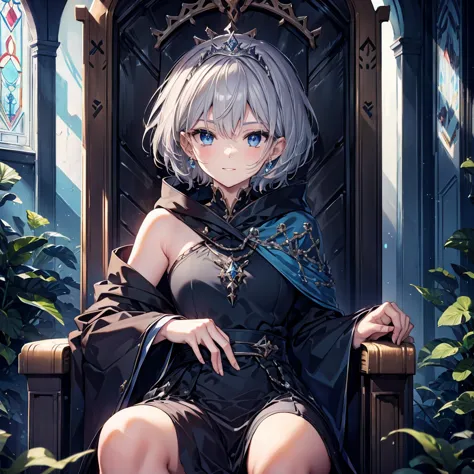 ((((queen　sitting on the throne))))　(((gray hair　short hair　blue eyes　woman　center close-up)))，((stained glass　tiara　rest your e...