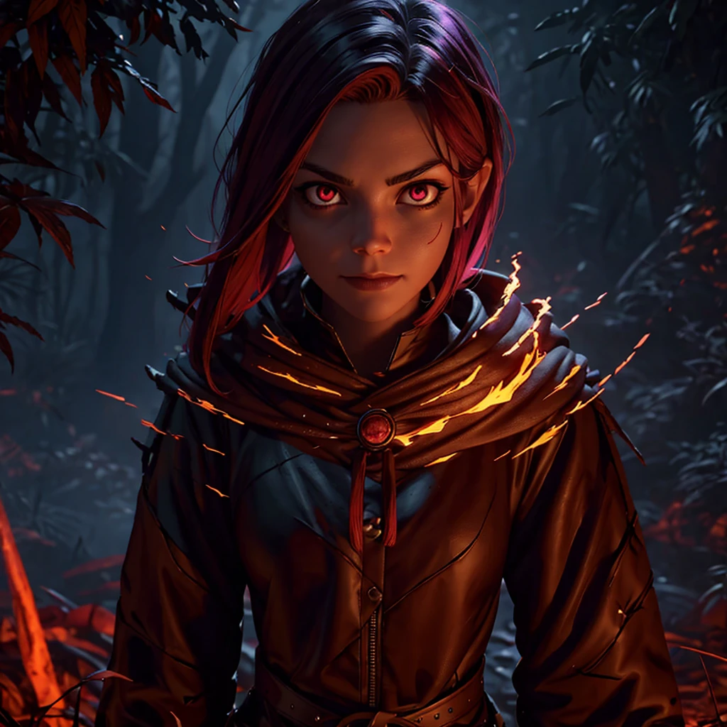  8 k, ultra detailed, soft lighting, cartoon, Best quality, trending on artstation,good art,Perfect art,Good detailed graphics,beautifully detailed body,beautiful detailed face,Best quality, 8 k, Best quality, ultra detailed , 8 k, HD, Teenage girl 13 years old.Was standing in a dark forest,horror ,looking at the camera,atmospheric cinematic lighting,purple bright eyes,Cinematic red lighting, [ horror game ], Spooky cinematic lighting, atmospheric, Atmospheric work of art, Ominous dark aura, virus horror system, detailed horror images in 4k format,
whole body,red short hair,Dark forest background,scar on face,smile,Nasty,fantasy art 8 k,masterpiece,check_9,check_8,check_7,check_8_up,check_7_up,check_6_up,cartoon, Best quality, trending on artstation,sinister,fiery,ghost,SCARLET WITCH,, wear black and red, like a mummy, tattered,, with old signs,  (glowing purple eyes), high detail, Dramatic,,fiery,necromation,all ghost control