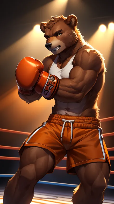 Detailed picture of a confident male anthro, (bear, chocolate brown fur, lean body) in a boxing ring, trending on Art Station, R...