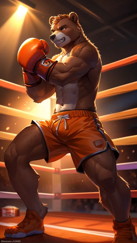 Detailed picture of a confident male anthro, (bear, chocolate brown fur, lean body) in a boxing ring, trending on Art Station, R...