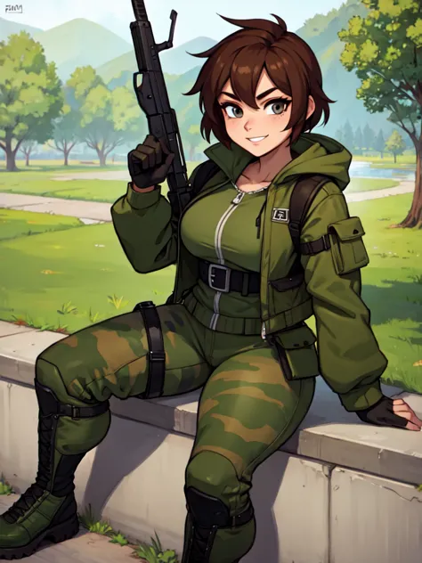 young woman, camouflage jacket, tactical gloves, camouflage, pants, army boots, furry,