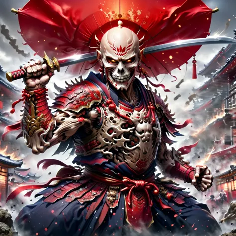 create ultra-detailed 4k digital images, depicting a skeletal warrior in a red samurai costume.. the drawing should show a deter...