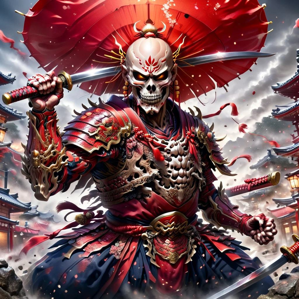 Create ultra-detailed 4K digital images, depicting a skeletal warrior in a red samurai costume.. The drawing should show a determined portrait of a warrior at street level.. Lighting should be dynamic., highlighting complex character details. The overall style should resemble a splash with process colors and deep color tones.. The work should be done in a storybook style and muted colors.. A warrior must have no hair. Please, Recommend the best camera model and lens for shooting art..