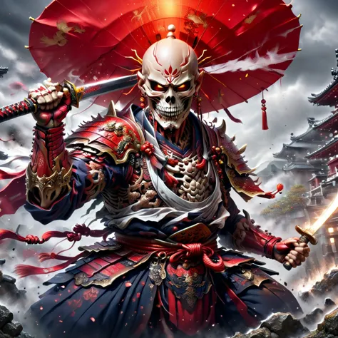 create ultra-detailed 4k digital images, depicting a skeletal warrior in a red samurai costume.. the drawing should show a deter...