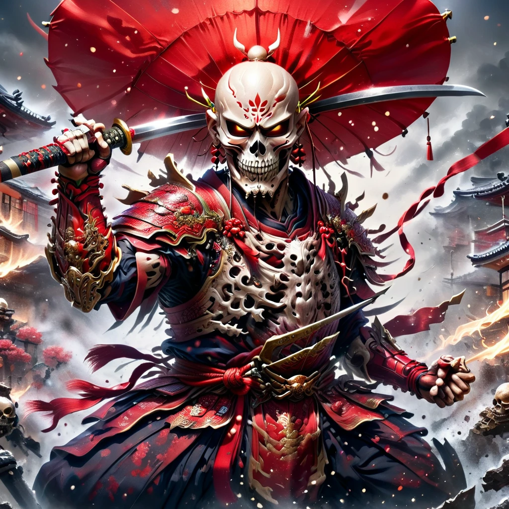 Create ultra-detailed 4K digital images, depicting a skeletal warrior in a red samurai costume.. The drawing should show a determined portrait of a warrior at street level.. Lighting should be dynamic., highlighting complex character details. The overall style should resemble a splash with process colors and deep color tones.. The work should be done in a storybook style and muted colors.. A warrior must have no hair. Please, Recommend the best camera model and lens for shooting art..