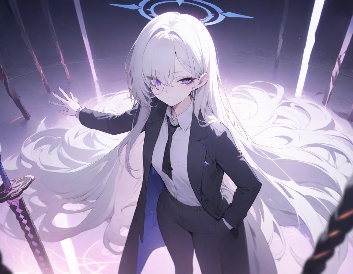 (Highest quality), (High resolution), (masterpiece), (Super detailed), (Highest quality), (High resolution), (masterpiece), (Super detailed), (Bright saturation), Thigh-length hair, White Hair, Heterogeneous eyes: purple left eye and blue right eye, Blue Archive Art Style, One girl, Swinging a black sword in his right hand, Left hand in pocket,  girl, (Black long coat, White shirt, Black tie, Black trousers, suit, Black halo) whole body, Countless swords of light are stuck in the ground., Magic circle in the background, Expressionless, Vivid saturation