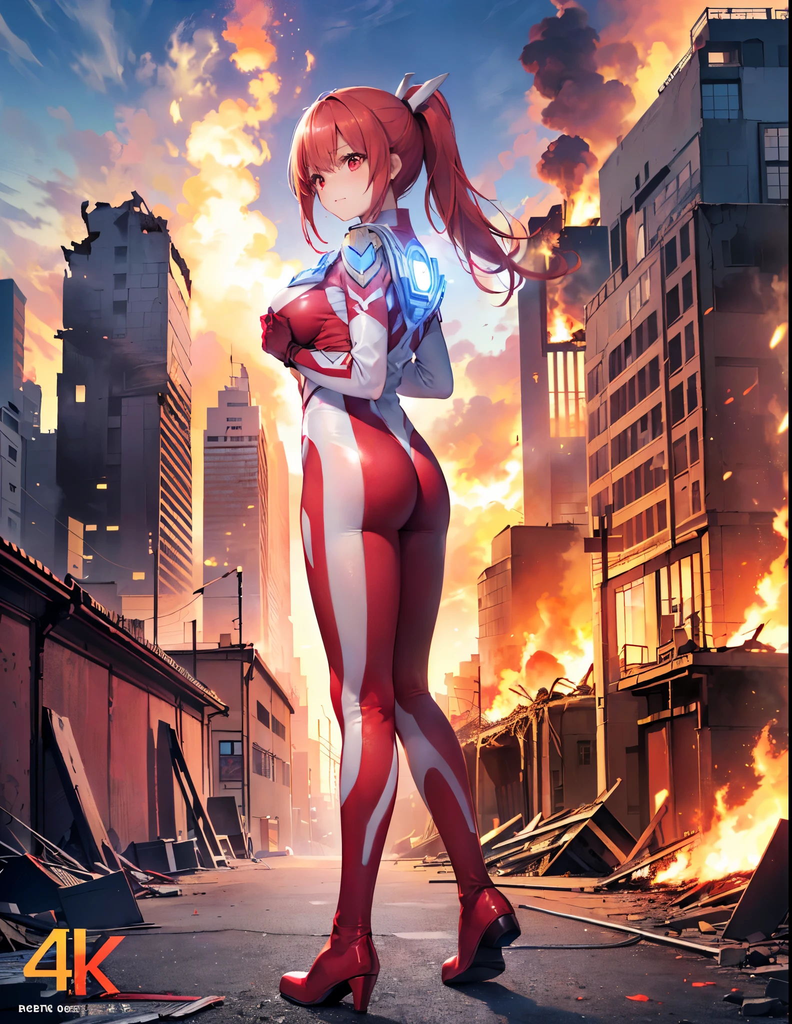 Realistic,Highest quality, Ultra Detail, High-quality CG rendering, The most delicate and beautiful, Floating softly, High resolution, (1 giant girl), (Highest quality,4K,8K,masterpiece:1.2),(All red hair:1.5), (ponytail:1.5),(Red eyes:1.5), (Ultra Girl:1.0), (Red Ultraman bodysuit:1.4),(Do not expose your skin:1.4),(Slightly larger breasts:1.5),(Place your hands in front of your chest:1.3),(Red gloves:1.3),(Red Shoes:1.3),(whole body:1.3),(Are standing:1.3),(A city engulfed in flames:1.3),(Buildings in flames:1.3),(Burning Ruins:1.3),(Fighting Pose:1.3),(Put your right hand forward:1.3),(Turn your back to your audience:1.3),Butt