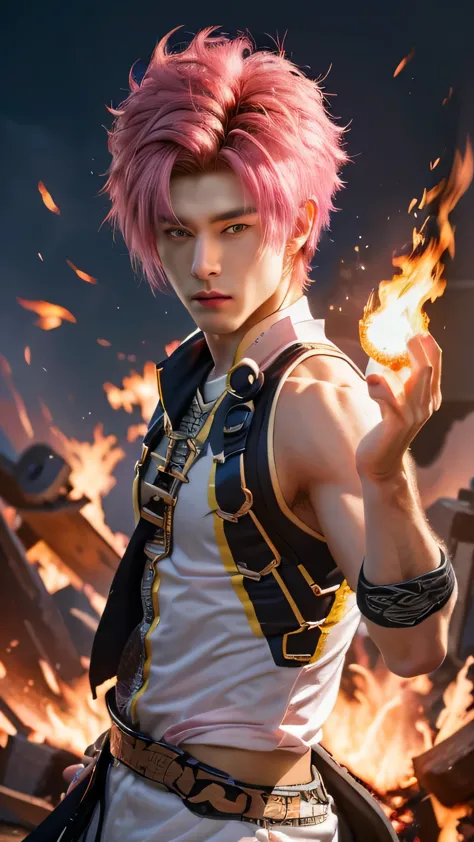 realistic character with a pink hair and a white black scrf holding a fire ball, badass anime 8 k, handsome guy in demon slayer ...