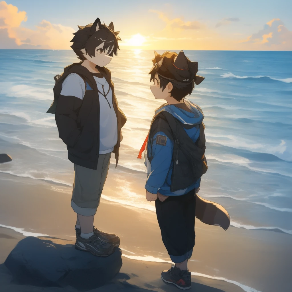 author：jrjresq, author：kirito, Libido boy, furry raccoon, Fursona raccoon , Black and grey hair, Very good figure, Handsome, adolable, Light：Hazy light and shadow, Reflective skin, Reddish skin, worn-out clothing，Commoner, beachside，standing on the rock，sandbeach，solo person，solo，1doy, Outdoor sunset, the detail, depth of fields, Libido boy