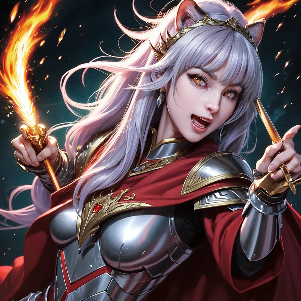 (Highly detailed face, Roar, shout:1.3), (Gothic fantasy illustration & ukiyo-e & Comic art), (whole body, A middle-aged, white-haired dark elf woman, Blunt bangs, Very long messy hair, dark purple skin, Lavender eyes), (The War Queen wears crimson armor and a crimson velour cloak., Adorned with jewels and precious metals), (The Queen of War Smiles Cruelly, leaps up with a shout, Strike a bold pose, And thrust out both his great swords. Flames erupt from the blade of the Queen&#39;s sword.), break (background, Barracks tents and military flags are hanging, Heavily armed Allied soldiers charging forward with battle cries. Smoke and dust rise)