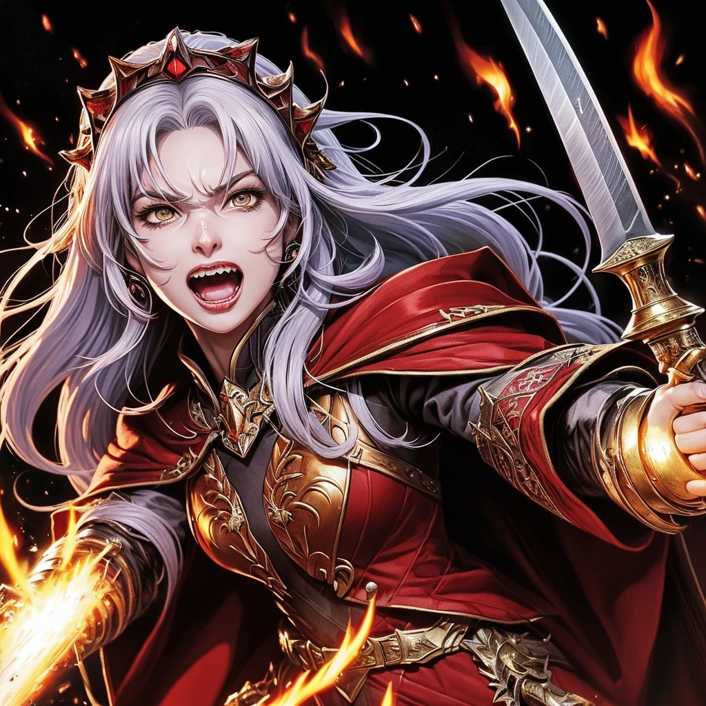 (Highly detailed face, Roar, shout:1.3), (Gothic fantasy illustration & ukiyo-e & Comic art), (whole body, A middle-aged, white-haired dark elf woman, Blunt bangs, Very long messy hair, dark purple skin, Lavender eyes), (The War Queen wears crimson armor and a crimson velour cloak., Adorned with jewels and precious metals), (The Queen of War Smiles Cruelly, leaps up with a shout, Strike a bold pose, And thrust out both his great swords. Flames erupt from the blade of the Queen&#39;s sword.), break (background, Barracks tents and military flags are hanging, Heavily armed Allied soldiers charging forward with battle cries. Smoke and dust rise)